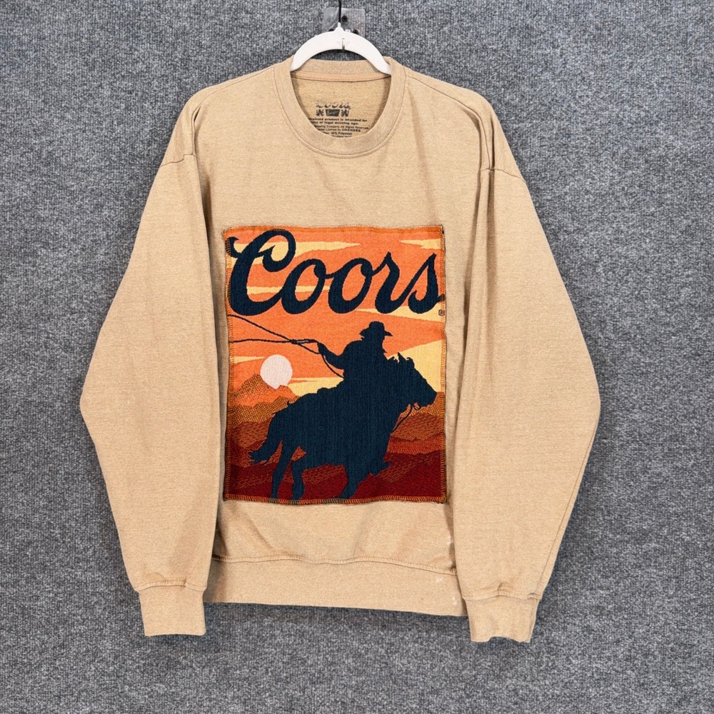 Coors Sweatshirt Mens Large Tan Woven Tapestry Cowboy Banquet Beer Graphic